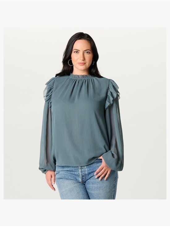The Drop Tops - The Drop - Slate Blue Ruffled Shoulder Sheer Long-Sleeve Blouse